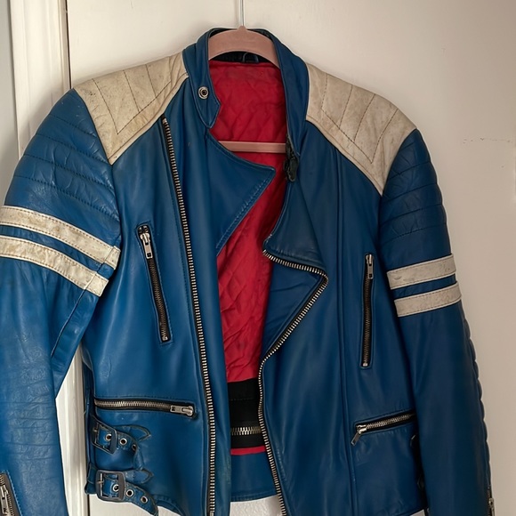 Unique Blue Genuine Leather Biker Jacket - Picture 2 of 8